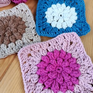 Popcorn Flower Granny Square Crochet Pattern (PDF), 3D Floral Motif, Textured Crochet