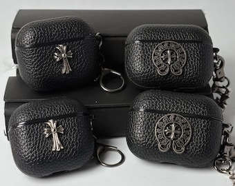 Leather AirPods Case Cover with Metal Cross Charm, Black Leather Protective AirPod Case, Gift for Her Him, For AirPods 1 2 3 4 Pro 1 2 3