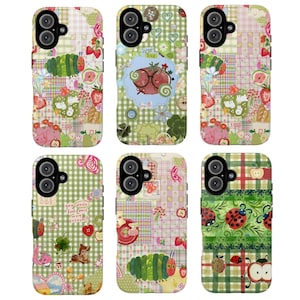 May include: A collection of six phone cases with colorful patchwork designs. Each case features a unique pattern with illustrations of strawberries, caterpillars, ladybugs, and the text "love bug" and "you won't feel this way forever".