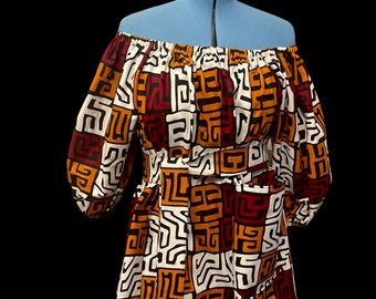 Vestido con hombros descubiertos, vestido con estampado Ankara, top con mangas abullonadas, top con estampado africano