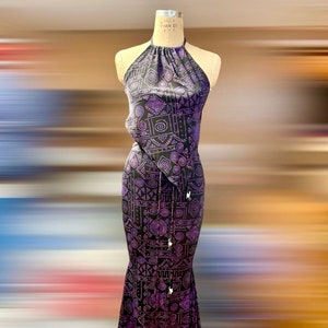Handmade Halter Maxi Dress: Purple Tribal Print Backless Bodycon