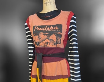 Upcycled Patchwork Boho Dress with Obi Belt (L/XL)