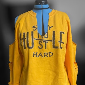 Upcycled Distressed Sweatshirt: Urban Boho Cold Shoulder Top (Size L)
