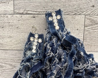 Denim Fringe Dangle Earrings: Bling Statement Jewelry