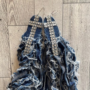 Denim Fringe Dangle Earrings: Boho Bling Statement Jewelry