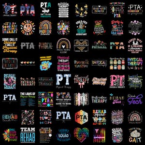 Op de afbeelding: Een verzameling van vierenzestig verschillende grafische ontwerpen met tekst en illustraties gerelateerd aan fysiotherapie, waaronder termen als PTA, Physical Therapist Assistant en Rehab Tech, weergegeven in diverse lettertypes en stijlen.