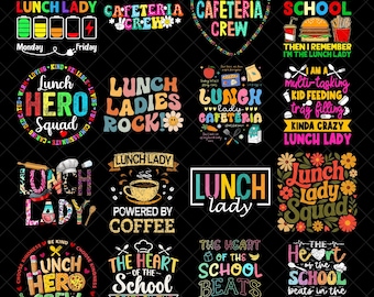 Może przedstawiać: Kolekcja szesnastu projektów graficznych z tekstem i ilustracjami związanymi z personelem stołówki szkolnej. Projekty zawierają frazy takie jak 'Lunch Hero Squad', 'Lunch Lady Powered by Coffee' oraz 'The Heart of the School Beats in the Kitchen' w różnych kolorowych czcionkach, wzorach i ikonach, takich jak żywność, przybory kuchenne i ikony baterii na czarnym tle.