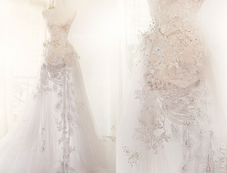 White Peacock And Garden Embroidery Wedding Dress Oriental Etsy