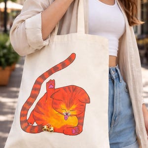 Tote bag peint à la main chat orange – sac shopper unique 40x35 cm