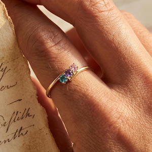 May include: A gold ring featuring three gemstones in teal, pink, and purple. The ring is held by a hand, with an antique paper in the background. The gemstones are set in a row on the ring's band.