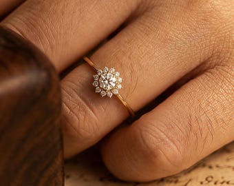 Bague fleur diamant vintage | Bague de fiançailles florale en or 14 carats | Bague grappe délicate pour femme | Bague de promesse Art déco | Cadeau d'anniversaire