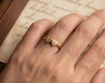 Dainty Duo Heart Ring, 925 Sterling Silver Gold Plated, Asymmetric Zircon Stackable Band, Minimalist Romantic Gift for Her, US Size 6-8