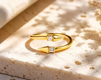 Sterling Silver Adjustable Ring Double Spike Open Wrap Band Gold Geometric Chevron Arrow Ring Minimalist Dainty Diamond Ring Gift for Her