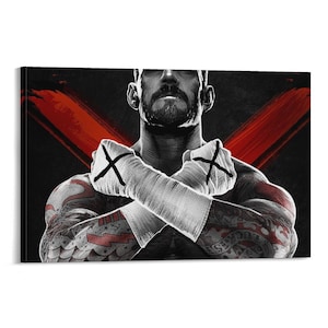 May include: A canvas print featuring a black and white portrait of a person with crossed arms. The person has tattoos and is wearing white hand wraps with black X marks. Red X shapes are in the background.