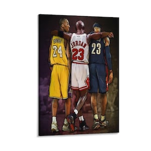 May include: A canvas print featuring three basketball players in their jerseys. The players are embracing each other. The jersey numbers are 24, 23, and 23. The background is a dark purple and black.