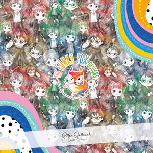 May include: A digital seamless pattern featuring cartoon illustrations of characters with glasses, owls, and wands. The design includes the text "Potter Sketched" and "Digital Seamless" with a rainbow and fox logo.