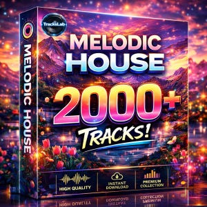 Może przedstawiać: Pudełko z napisem "MELODIC HOUSE 2000+ TRACKS!" na tle kolorowego krajobrazu z górami, wodą i gwiaździstym niebem. Pudełko zawiera również logo "TracksLab" oraz ikony wysokiej jakości, natychmiastowego pobierania i kolekcji premium.