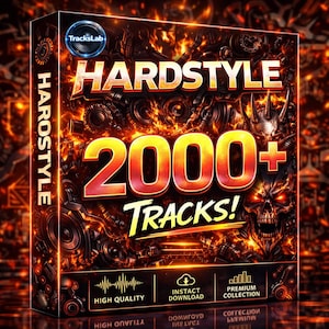 May include: A box with a fiery design featuring the word "HARDSTYLE" and "2000+ Tracks!". The box has a dark background with gears and a skull graphic. It also includes the text "HIGH QUALITY", "INSTACT DOWNLOAD", and "PREMIUM COLLECTION".