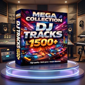 May include: A product box for a DJ music collection, featuring the text "MEGA COLLECTION DJ TRACKS 1500+" in white and gold. The box has a colorful design with a DJ mixer graphic. The words "High quality - Multi-genre - Instant download" are also visible.