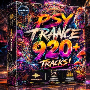 Puede incluir: Un vibrante set de cajas para música Psy Trance, con el texto "PSY TRANCE 920+ TRACKS!" en letras audaces y coloridas. El diseño incluye arte psicodélico con setas y caras. La caja también indica "HIGH QUALITY", "INSTANT DOWNLOAD" y "PREMIUM COLLECTION".