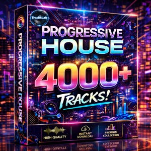 Könnte beinhalten: Eine Box mit dem Text "PROGRESSIVE HOUSE" und "4000+ TRACKS!" in leuchtenden Farben. Die Box hat ein futuristisches Design mit Neonlichtern und dem TracksLab-Logo. Der Text "HIGH QUALITY", "INSTANT DOWNLOAD" und "PREMIUM COLLECTION" ist ebenfalls enthalten.