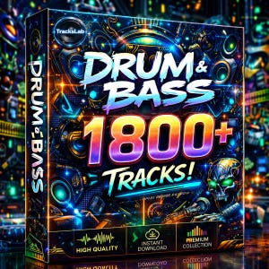 May include: A rectangular digital product box labelled TracksLab Drum & Bass with 1800+ Tracks! in bold white and gradient text. The design features a dark background with neon blue and orange light accents, speakers, and a metallic skull graphic.