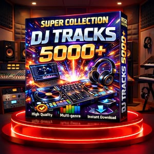 Pode incluir: Uma caixa de produto digital intitulada "SUPER COLLECTION DJ TRACKS 5000+". A caixa apresenta um laptop, um mixer de DJ e fones de ouvido. O texto inclui "Alta qualidade", "Multi-gênero" e "Download instantâneo". A caixa está em uma plataforma vermelha iluminada.