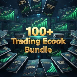 Könnte beinhalten: Eine digitale Sammlung mit dem Titel 100+ Trading Ecook Bundle, bestehend aus zahlreichen E-Books mit dunklen Einbänden und grünen Börsencharts. Im Hintergrund sind mehrere Computermonitore mit leuchtend grünen Handelsdiagrammen zu sehen.