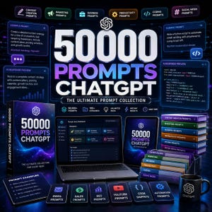 May include: A digital product display featuring the text 50000 PROMPTS CHATGPT, a laptop showing a dashboard, a tablet, a stack of books, a mug with the ChatGPT logo, and various cards labeled with categories like Email, Sales, and SEO Prompts.