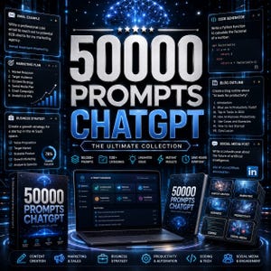May include: A digital product collection titled 50000 PROMPTS CHATGPT THE ULTIMATE COLLECTION featuring a laptop displaying an AI prompt dashboard, a physical box, and a guide. The interface includes panels for email, marketing, business, and coding.