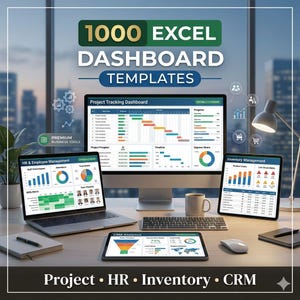 May include: A desktop setup featuring a computer monitor, laptop, and tablet displaying Excel dashboard templates. The image includes the text "1000 Excel Dashboard Templates" and "Project, HR, Inventory, CRM". A coffee mug, keyboard, and mouse are also visible.