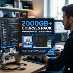 Puede incluir: Imagen promocional de un paquete de cursos de codificación y desarrollo de aplicaciones. El gráfico presenta el texto "2000GB+ COURSES PACK" y "COMPLETE CODING & APP DEVELOPMENT". Se incluyen iconos de un archivo, un portátil y un smartphone. La imagen también incluye el texto "1000+ VIDEOS", "PROJECT BASED", "2TB+ CONTENT", "LIFETIME ACCESS" y "WEB & MOBILE DEVELOPMENT".