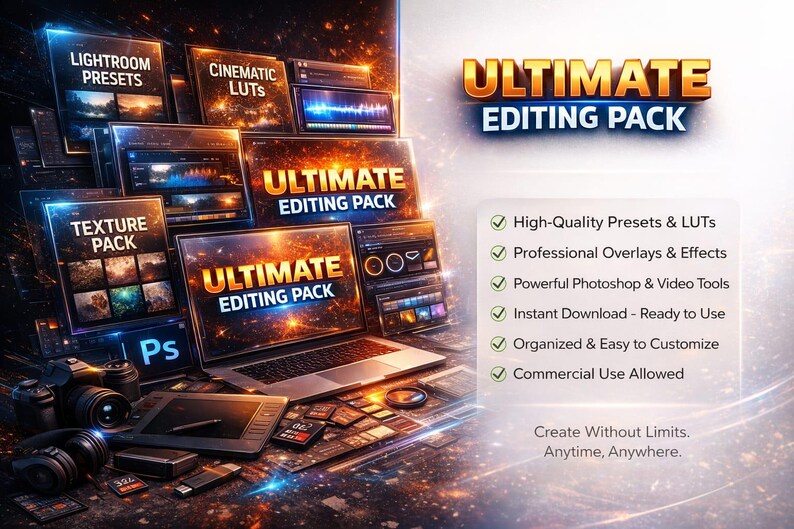 May include: An Ultimate Editing Pack graphic with the text "ULTIMATE EDITING PACK" in gold. The image includes a laptop, camera, and other editing tools. The text "LIGHTROOM PRESETS", "CINEMATIC LUTS", and "TEXTURE PACK" are also visible.