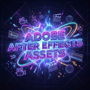 May include: A digital graphic with the text "ADOBE AFTER EFFECTS ASSETS" in a vibrant, neon-style font. The design incorporates elements like film clapperboards, video cameras, and a glowing energy effect, all set against a dark, grid-like background.