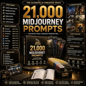 May include: A digital product collection titled 21,000 Midjourney Prompts, featuring a black box, a tablet displaying images, an open book, and a card organizer. The design includes gold text on a black background with various prompt categories.