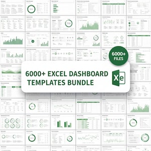 以下が含まれることがあります： Excelダッシュボードテンプレートのコレクション。画像には、緑と白の配色が施された多数のスプレッドシートの例が表示されています。「6000+ EXCEL DASHBOARD TEMPLATES BUNDLE」と「6000+ FILES」というテキストが表示されています。Excelのロゴも表示されています。