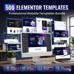 K&ouml;nnte beinhalten: Ein digitales Mockup, das ein Bundle von 500 Elementor Website-Vorlagen zeigt. Das Bild zeigt einen Desktop-Computer und einen Laptop, die verschiedene Website-Designs anzeigen, mit dem Text "500 ELEMENTOR TEMPLATES" und "Professional Website Templates Bundle". Zus&auml;tzliche Symbole zeigen Funktionen.