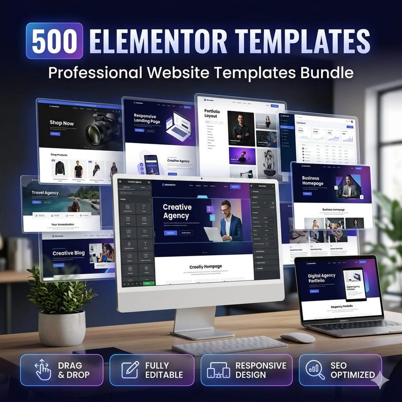 K&ouml;nnte beinhalten: Ein digitales Mockup, das ein Bundle von 500 Elementor Website-Vorlagen zeigt. Das Bild zeigt einen Desktop-Computer und einen Laptop, die verschiedene Website-Designs anzeigen, mit dem Text "500 ELEMENTOR TEMPLATES" und "Professional Website Templates Bundle". Zus&auml;tzliche Symbole zeigen Funktionen.