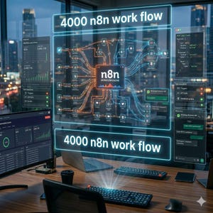 May include: A digital workspace with multiple computer screens displaying data visualizations and workflow diagrams. The central screen features the text "n8n WORKFLOW ENGINE" and "4000 n8n work flow". A keyboard and laptop are on the wooden desk.