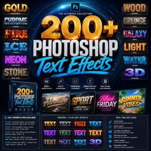 May include: A digital collection of 200+ Photoshop text effects featuring diverse styles like gold, chrome, fire, ice, neon, stone, wood, grunge, galaxy, light, water, and 3D. The display includes preview samples, usage examples, and prompt guides.