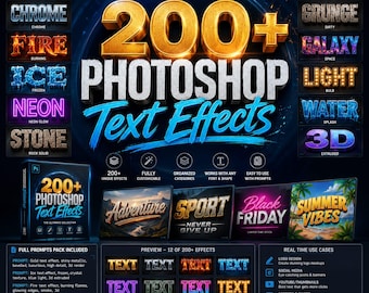 May include: A digital collection of 200+ Photoshop text effects featuring diverse styles like gold, chrome, fire, ice, neon, stone, wood, grunge, galaxy, light, water, and 3D. The display includes preview samples, usage examples, and prompt guides.