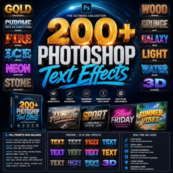 200+ Photoshop Text Effects Bundle | 3D, Vintage, Neon, Retro Styles (PSD Files)
