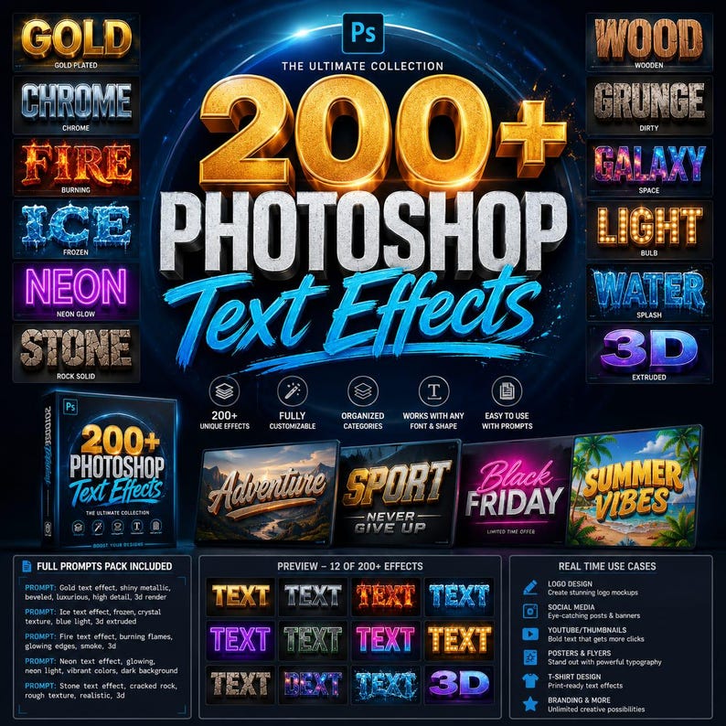 Może przedstawiać: Cyfrowa kolekcja ponad 200 efekt&oacute;w tekstowych do programu Photoshop, obejmująca style takie jak złoto, chrom, ogień, l&oacute;d, neon, kamień, drewno, grunge, galaktyka, światło, woda i 3D, wraz z podglądami, przykładami użycia i przewodnikami.