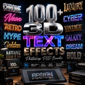 Könnte beinhalten: Ein digitales Design-Bundle mit über 100 3D-Texteffekten, darunter Chrome, Neon und Retro-Stile. Das Bild zeigt ein Tablet mit einem "DESIGN" Texteffekt, eine Box und eine Tasse mit dem Photoshop-Logo.
