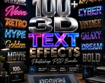 Może przedstawiać: Pakiet projektów cyfrowych z ponad 100 efektami tekstowymi 3D, w tym stylami takimi jak chrom, neon i retro. Obraz przedstawia tablet z efektem tekstowym "DESIGN", pudełko i kubek z logo Photoshop.