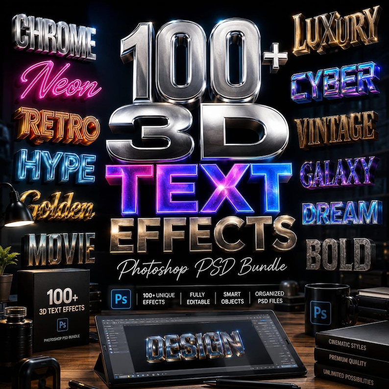 May include: A digital design bundle featuring 100+ 3D text effects in various styles like chrome, neon, and retro. The image showcases a tablet displaying a "DESIGN" text effect, along with a box and mug with the Photoshop logo.