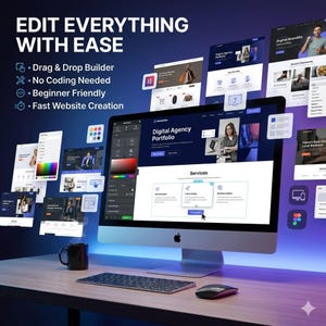 K&ouml;nnte beinhalten: Ein Computermonitor zeigt eine Website-Design-Oberfl&auml;che mit dem Text "Digital Agency Portfolio". Das Bild enth&auml;lt den Text "Edit Everything With Ease" und listet Funktionen wie "Drag & Drop Builder" und "Beginner Friendly" auf.