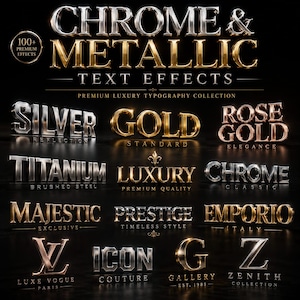 May include: A graphic showcasing chrome and metallic text effects. The image features various text styles, including "Silver," "Gold," "Rose Gold," "Titanium," and "Luxury." The text styles are displayed on a dark background, with the words "Chrome & Metallic" at the top.