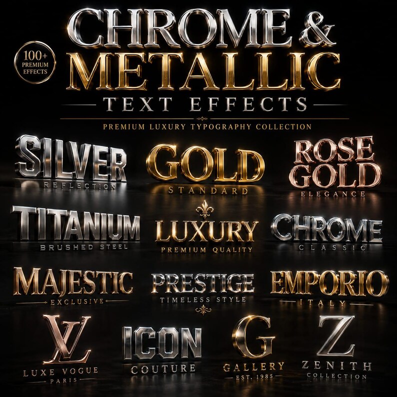 May include: A graphic showcasing chrome and metallic text effects. The image features various text styles, including "Silver," "Gold," "Rose Gold," "Titanium," and "Luxury." The text styles are displayed on a dark background, with the words "Chrome & Metallic" at the top.