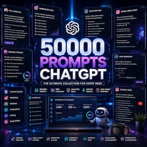 May include: A digital graphic featuring the text 50000 PROMPTS CHATGPT THE ULTIMATE COLLECTION FOR EVERY NEED. The image displays multiple floating windows showing AI-generated content, a laptop with a dashboard, and a small white robot figure.